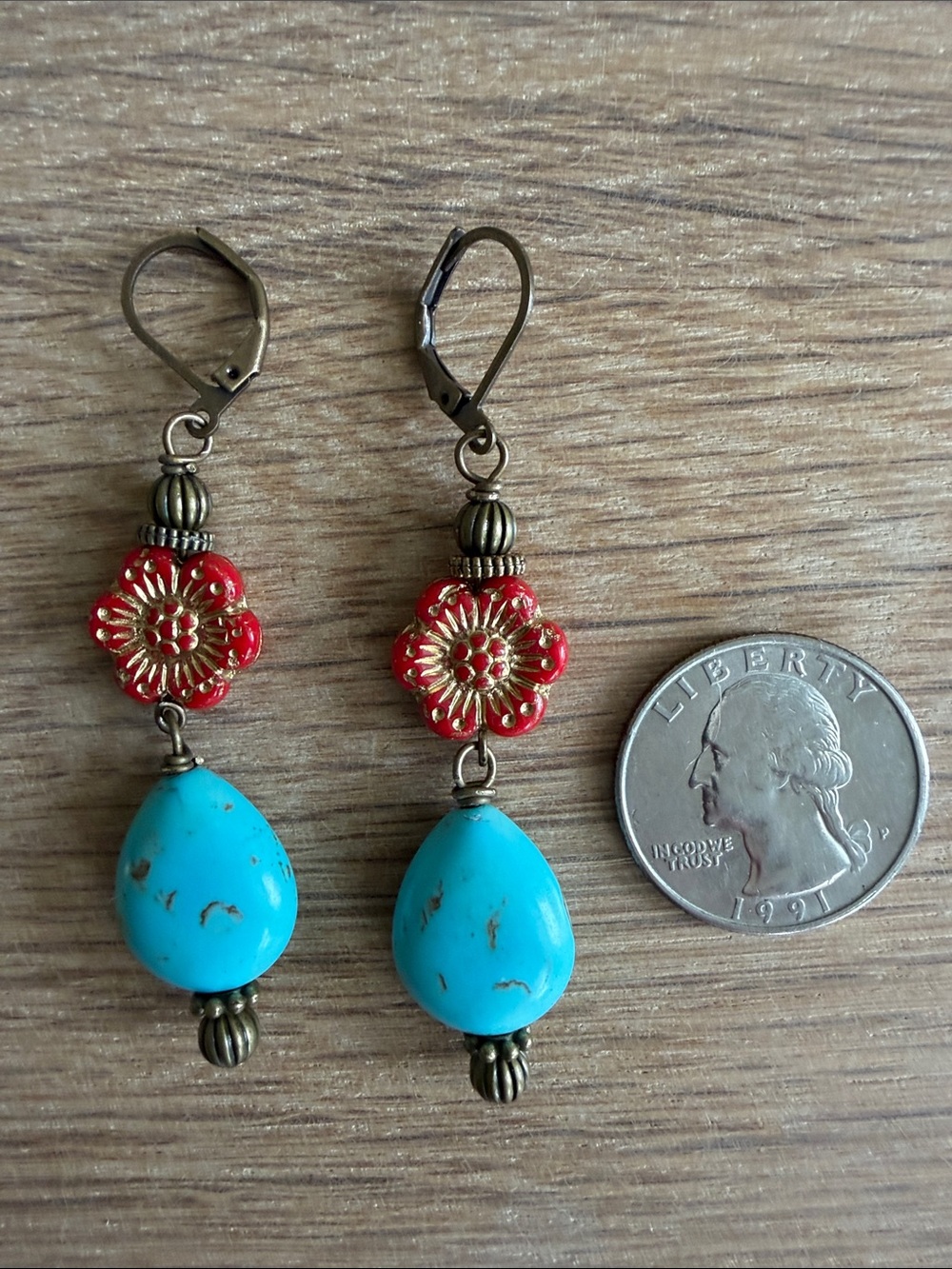 HAND CRAFTED TURQUOISE HOWLITE CZECH GLASS FLOWER DROP EARRINGS Southwestern - Picture 9 of 9